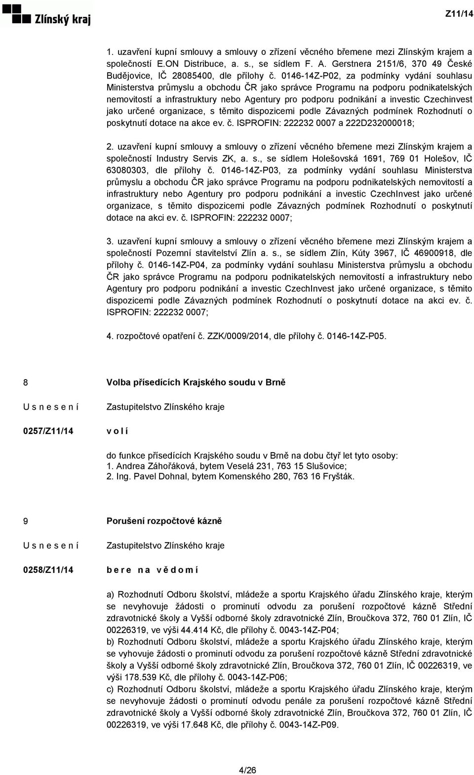 0146-14Z-P02, za podmínky vydání souhlasu Ministerstva průmyslu a obchodu ČR jako správce Programu na podporu podnikatelských nemovitostí a infrastruktury nebo Agentury pro podporu podnikání a