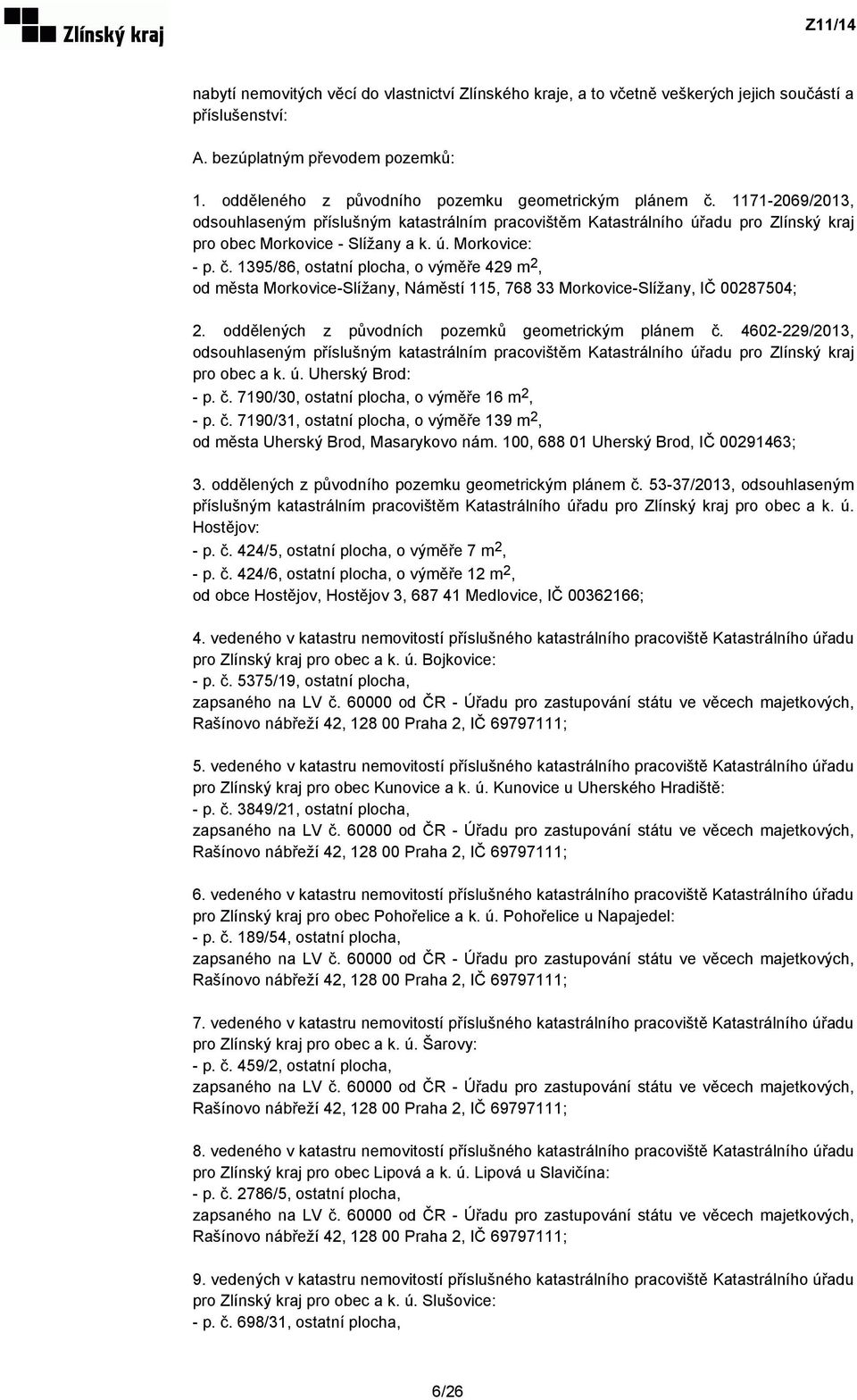 1395/86, ostatní plocha, o výměře 429 m 2, od města Morkovice-Slížany, Náměstí 115, 768 33 Morkovice-Slížany, IČ 00287504; 2. oddělených z původních pozemků geometrickým plánem č.