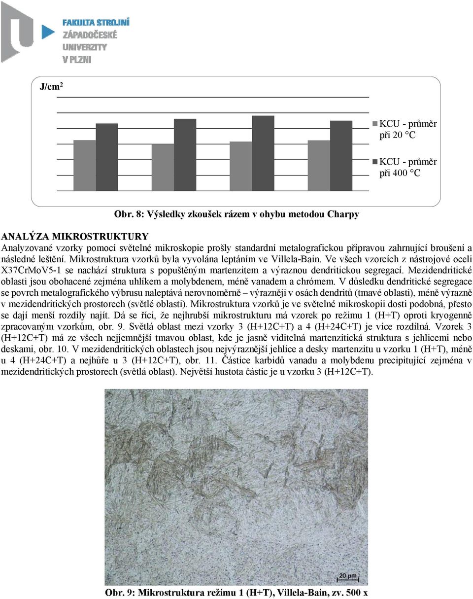 leštění. Mikrostruktura vzorků byla vyvolána leptáním ve Villela-Bain. Ve všech vzorcích z nástrojové oceli X37CrMoV5-1 se nachází struktura s popuštěným martenzitem a výraznou dendritickou segregací.