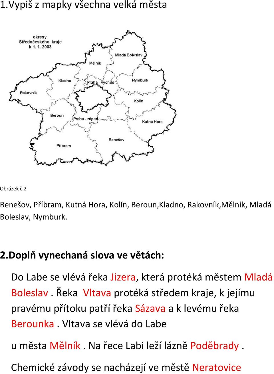 Doplň vy e ha á slova ve větá h: Do La e se vlévá řeka Jizera, která protéká ěste Mladá Boleslav.
