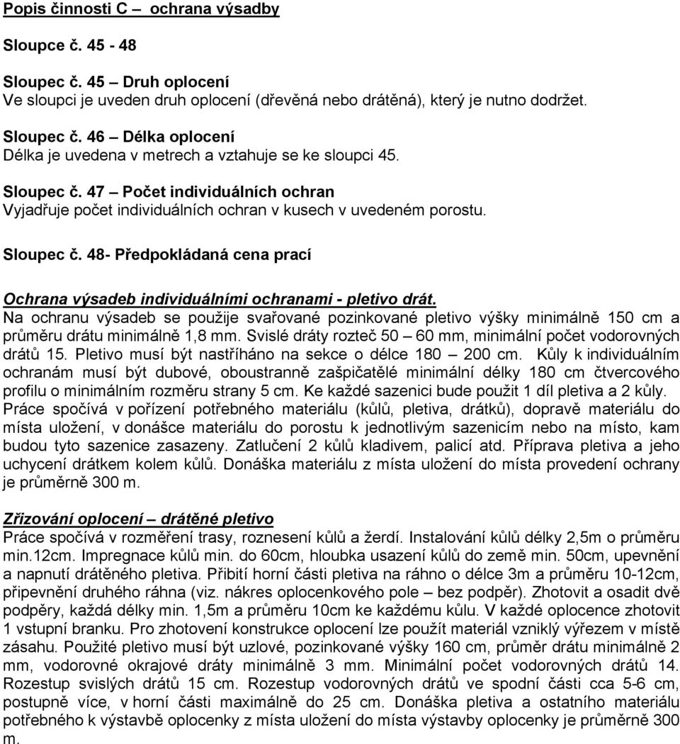 48- Předpokládaná cena prací Ochrana výsadeb individuálními ochranami - pletivo drát.