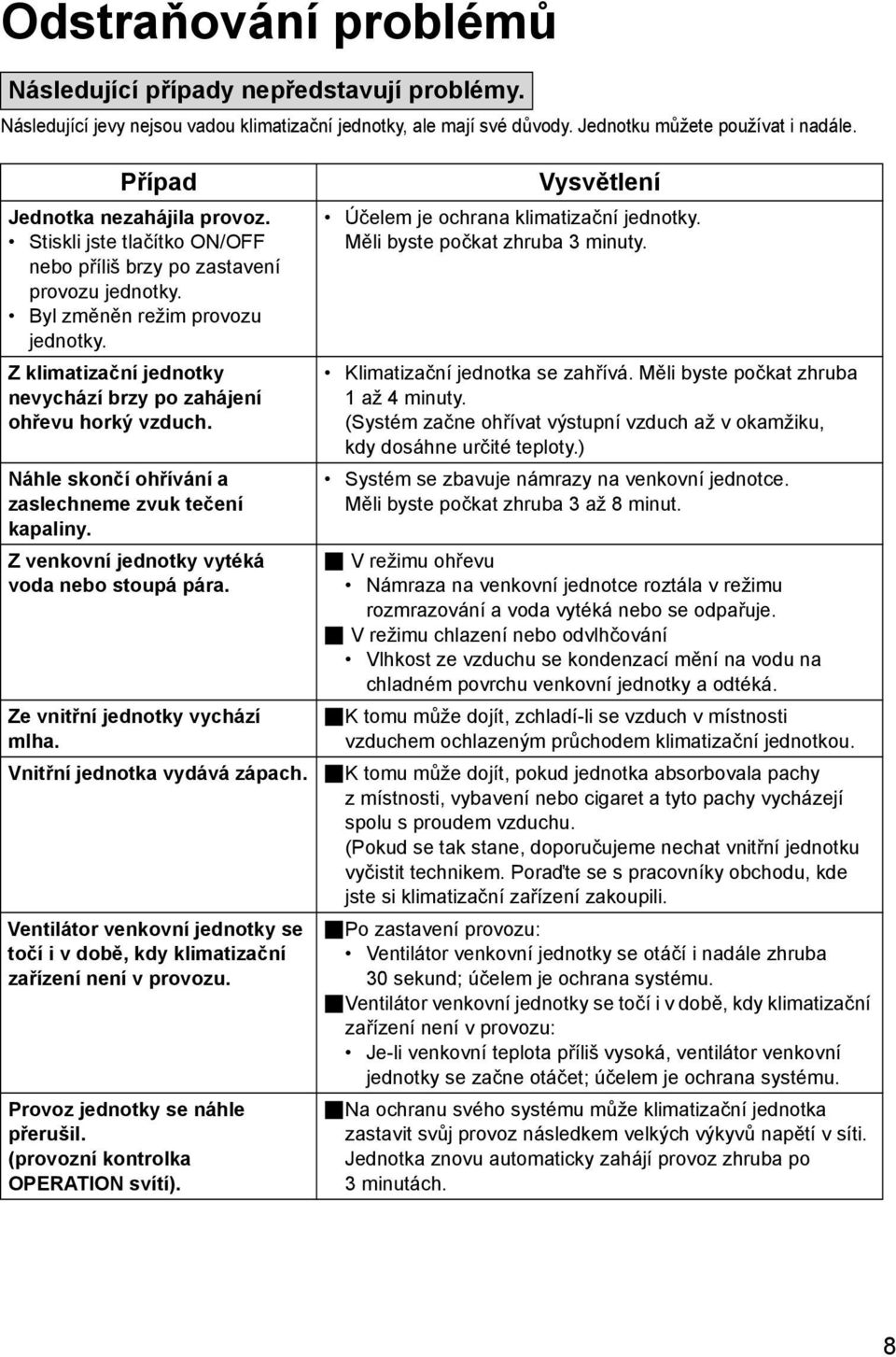 Z klimatizační jednotky nevychází brzy po zahájení ohřevu horký vzduch. Náhle skončí ohřívání a zaslechneme zvuk tečení kapaliny. Z venkovní jednotky vytéká voda nebo stoupá pára.