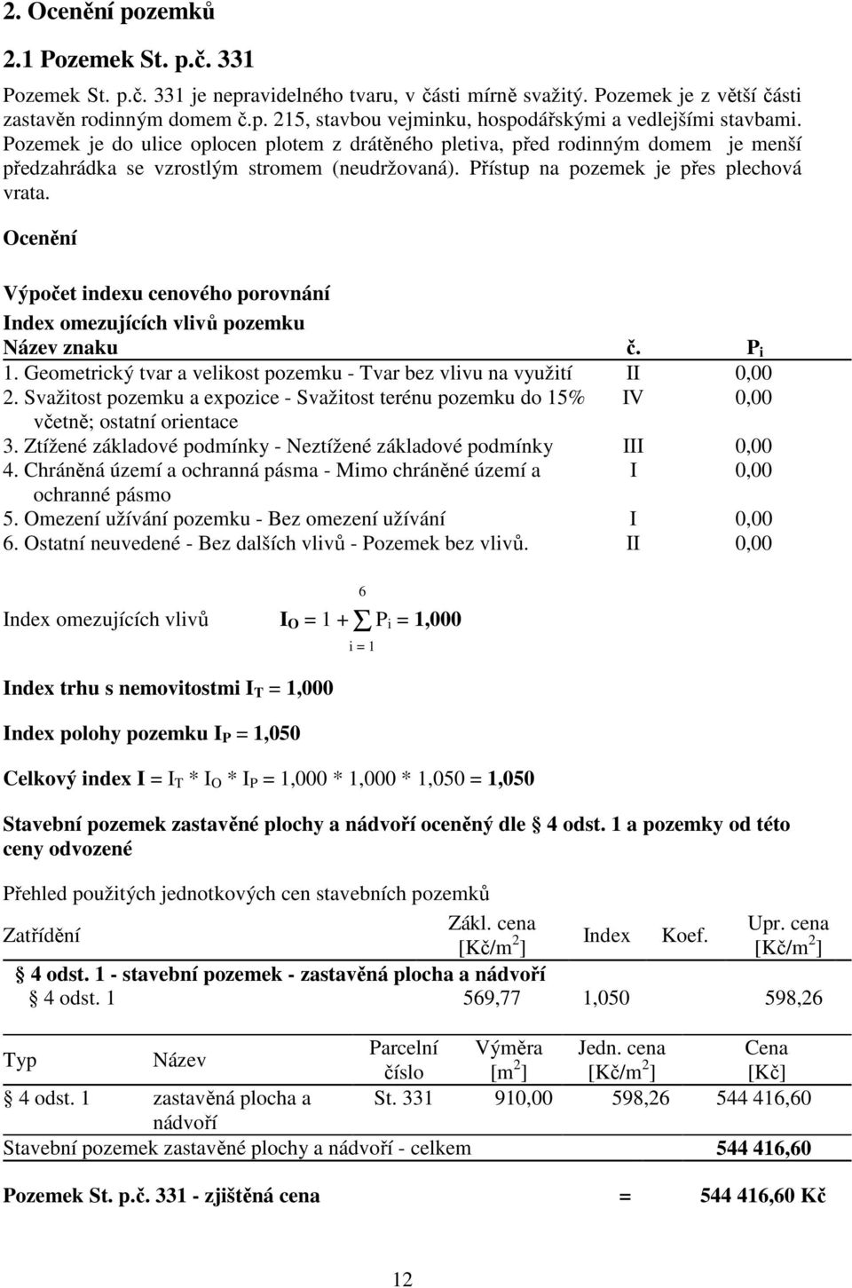 Ocenění Výpočet indexu cenového porovnání Index omezujících vlivů pozemku Název znaku č. P i 1. Geometrický tvar a velikost pozemku - Tvar bez vlivu na využití II 0,00 2.