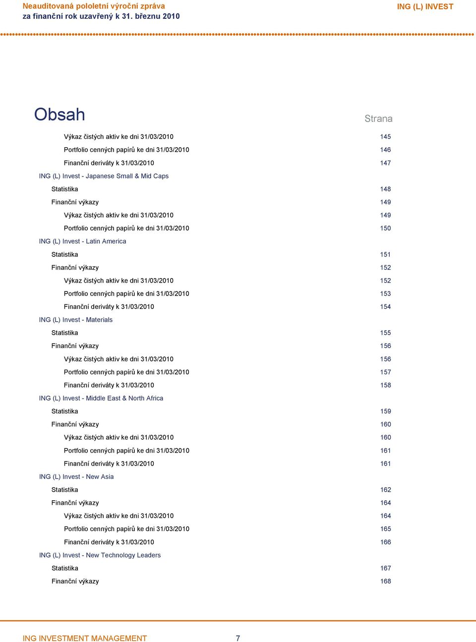 151 Finanční výkazy 152 Výkaz čistých aktiv ke dni 31/03/2010 152 Portfolio cenných papírů ke dni 31/03/2010 153 Finanční deriváty k 31/03/2010 154 ING (L) Invest Materials Statistika 155 Finanční