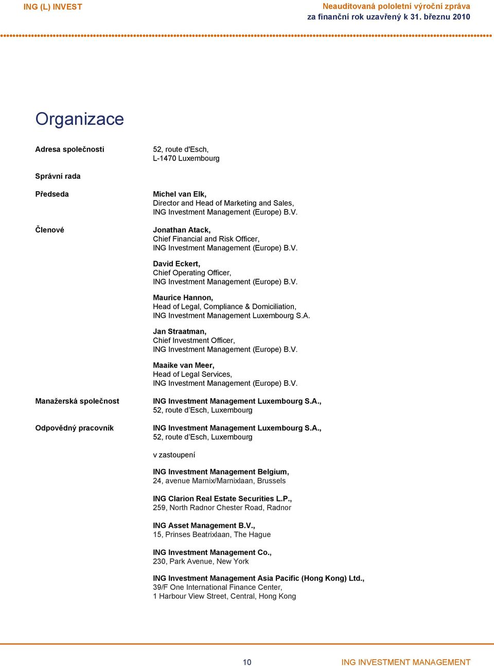 V. Maurice Hannon, Head of Legal, Compliance & Domiciliation, ING Investment Management Luxembourg S.A. Jan Straatman, Chief Investment Officer, ING Investment Management (Europe) B.V. Maaike van Meer, Head of Legal Services, ING Investment Management (Europe) B.