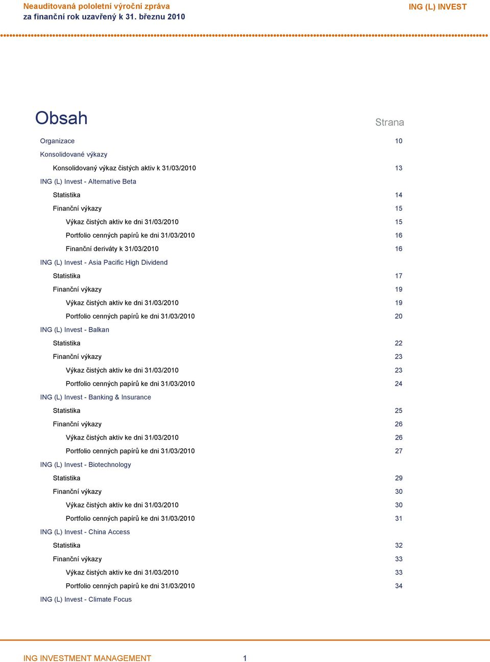 Finanční výkazy 19 Výkaz čistých aktiv ke dni 31/03/2010 19 Portfolio cenných papírů ke dni 31/03/2010 20 ING (L) Invest Balkan Statistika 22 Finanční výkazy 23 Výkaz čistých aktiv ke dni 31/03/2010