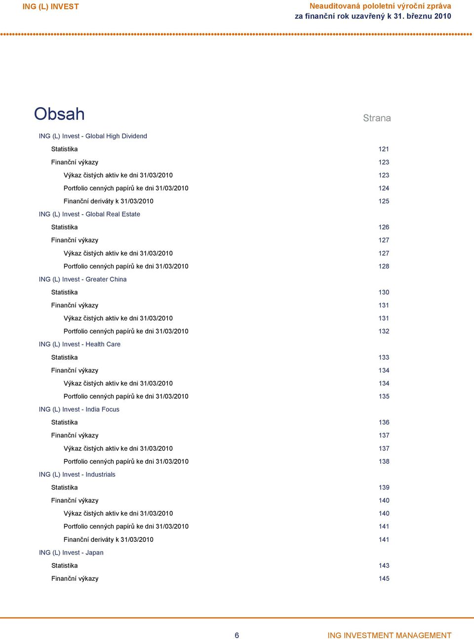 ke dni 31/03/2010 128 ING (L) Invest Greater China Statistika 130 Finanční výkazy 131 Výkaz čistých aktiv ke dni 31/03/2010 131 Portfolio cenných papírů ke dni 31/03/2010 132 ING (L) Invest Health