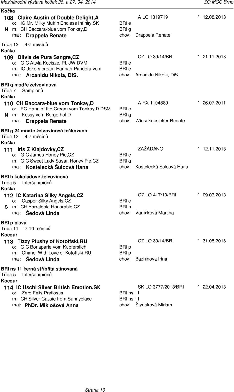 110 CH Baccara-blue vom Tonkay,D EC Hann of the Cream vom Tonkay,D DSM N Kessy vom Bergerhof,D maj: Drappela Renate BRI e BRI g A RX 1104889 Wiesekopsieker Renate 26072011 BRI g 24 modře želvovinová