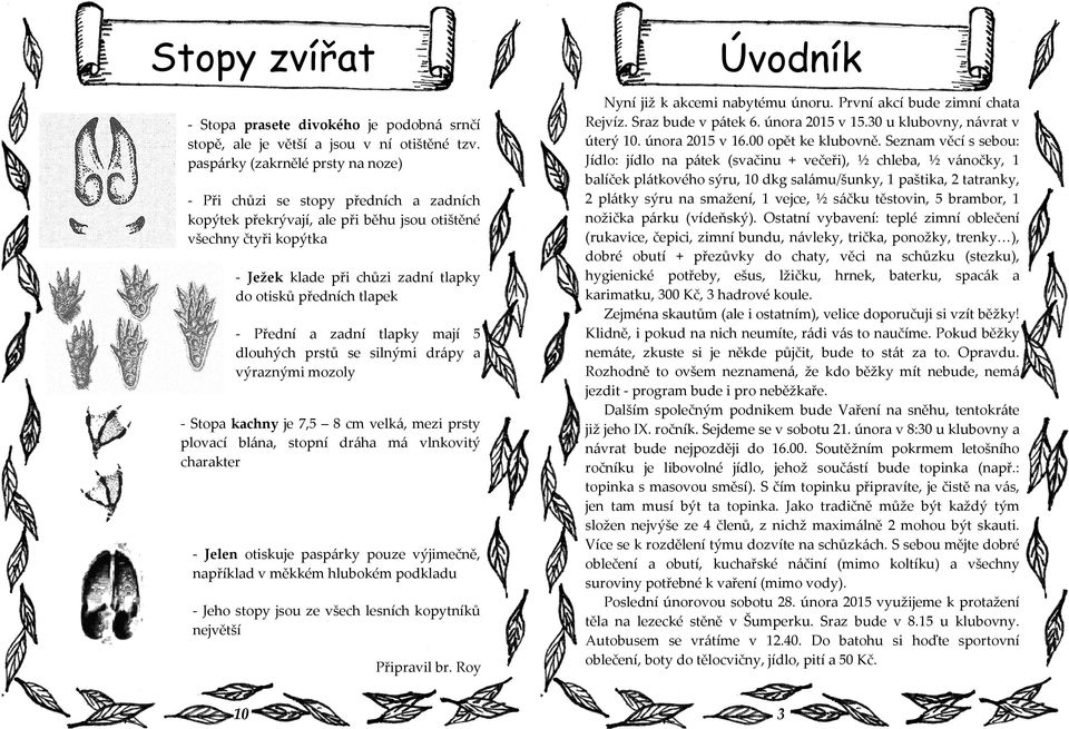 tlapek - Přední a zadní tlapky mají 5 dlouhých prstů se silnými drápy a výraznými mozoly - Stopa kachny je 7,5 8 cm velká, mezi prsty plovací blána, stopní dráha má vlnkovitý charakter - Jelen