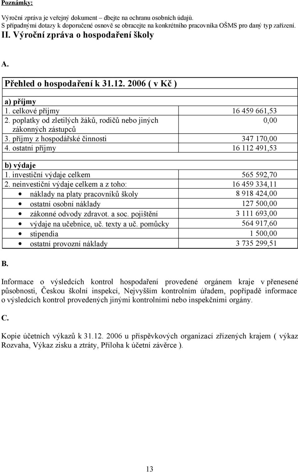 poplatky od zletilých žáků, rodičů nebo jiných 0,00 zákonných zástupců 3. příjmy z hospodářské činnosti 347 170,00 4. ostatní příjmy 16 112 491,53 b) výdaje 1. investiční výdaje 565 592,70 2.