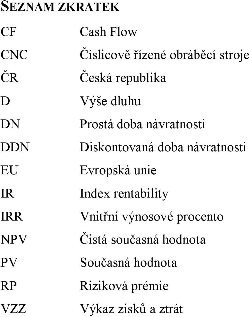 Diskontovaná doba návratnosti Evropská unie Index rentability Vnitřní výnosové