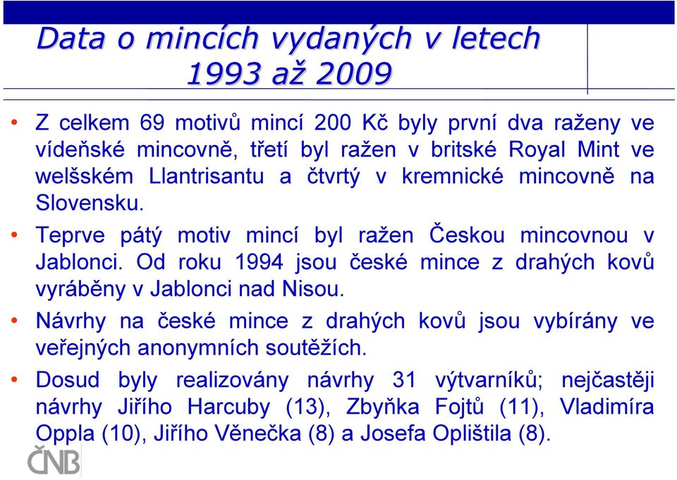 Od roku 1994 jsou české mince z drahých kovů vyráběny v Jablonci nad Nisou.