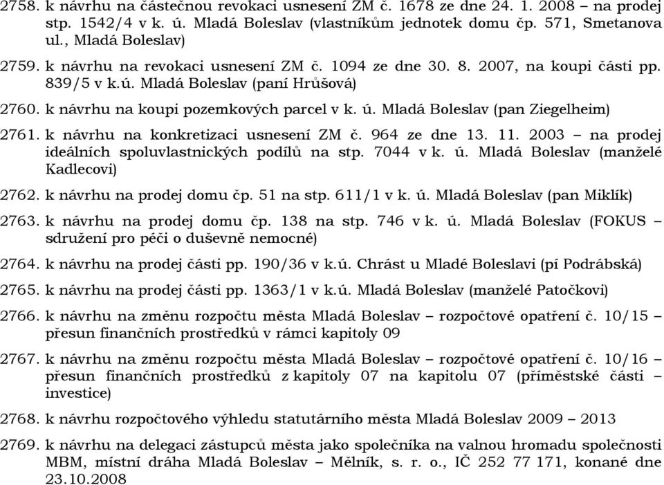 Mladá Boleslav (pan Ziegelheim) 2761. k návrhu na konkretizaci usnesení ZM č. 964 ze dne 13. 11. 2003 na prodej ideálních spoluvlastnických podílů na stp. 7044 v k. ú.