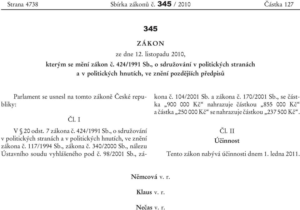 424/1991 Sb., o sdružování v politických stranách a v politických hnutích, ve znění zákona č. 117/1994 Sb., zákona č. 340/2000 Sb., nálezu Ústavního soudu vyhlášeného pod č. 98/2001 Sb.