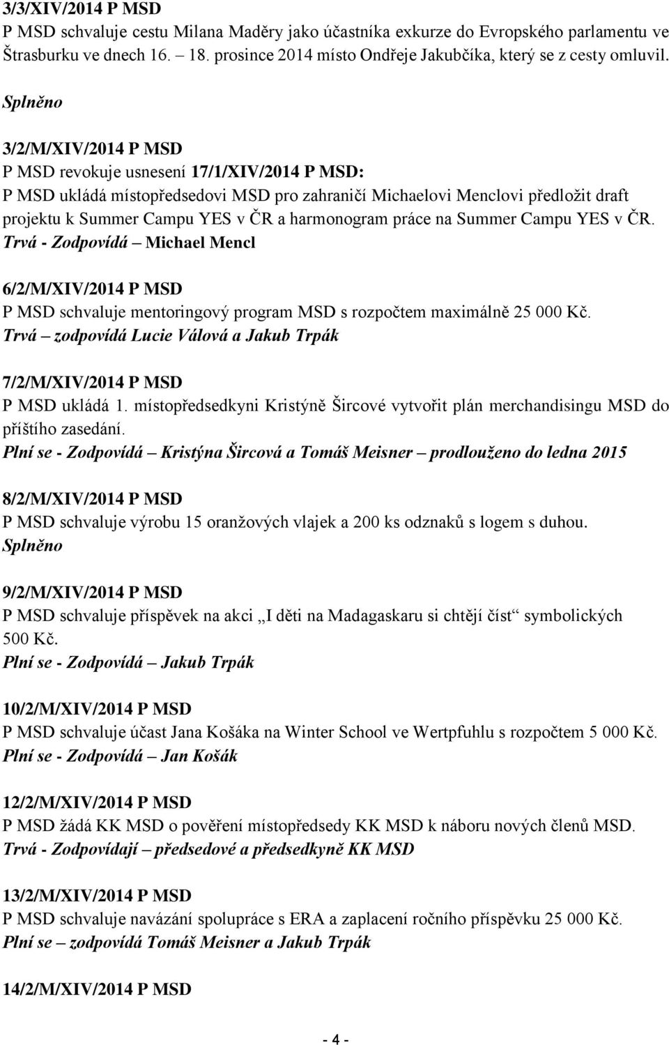 harmonogram práce na Summer Campu YES v ČR. Trvá - Zodpovídá Michael Mencl 6/2/M/XIV/2014 P MSD P MSD schvaluje mentoringový program MSD s rozpočtem maximálně 25 000 Kč.