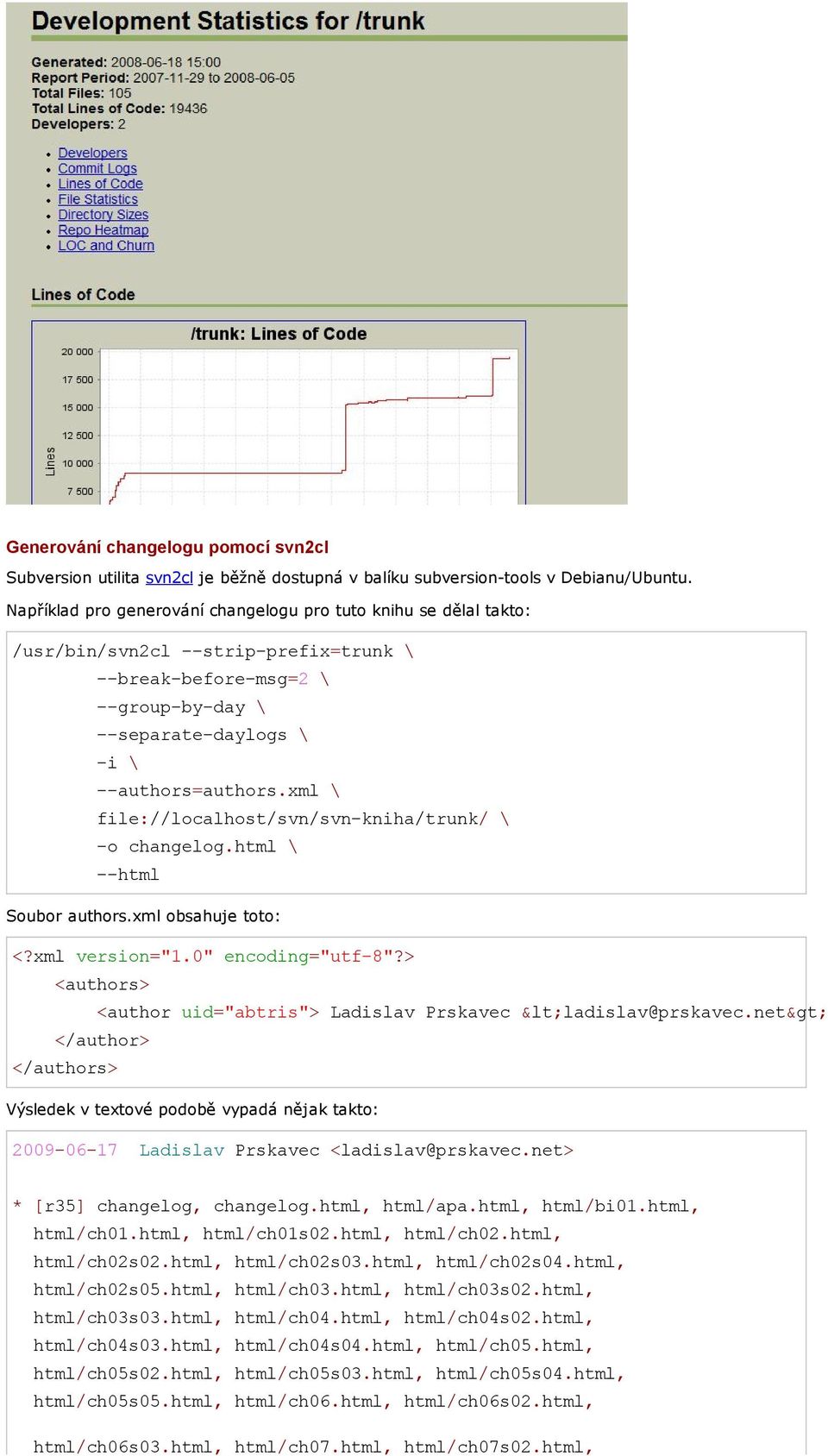 xml \ file://localhost/svn/svn kniha/trunk/ \ o changelog.html \ html Soubor authors.xml obsahuje toto: <?xml version="1.0" encoding="utf 8"?