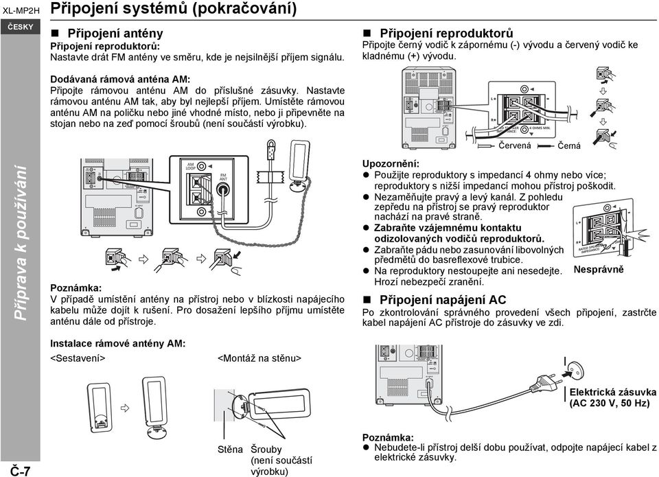 Umístěte rámovou anténu AM na poličku nebo jiné vhodné místo, nebo ji připevněte na stojan nebo na zeď pomocí šroubů (není součástí výrobku).