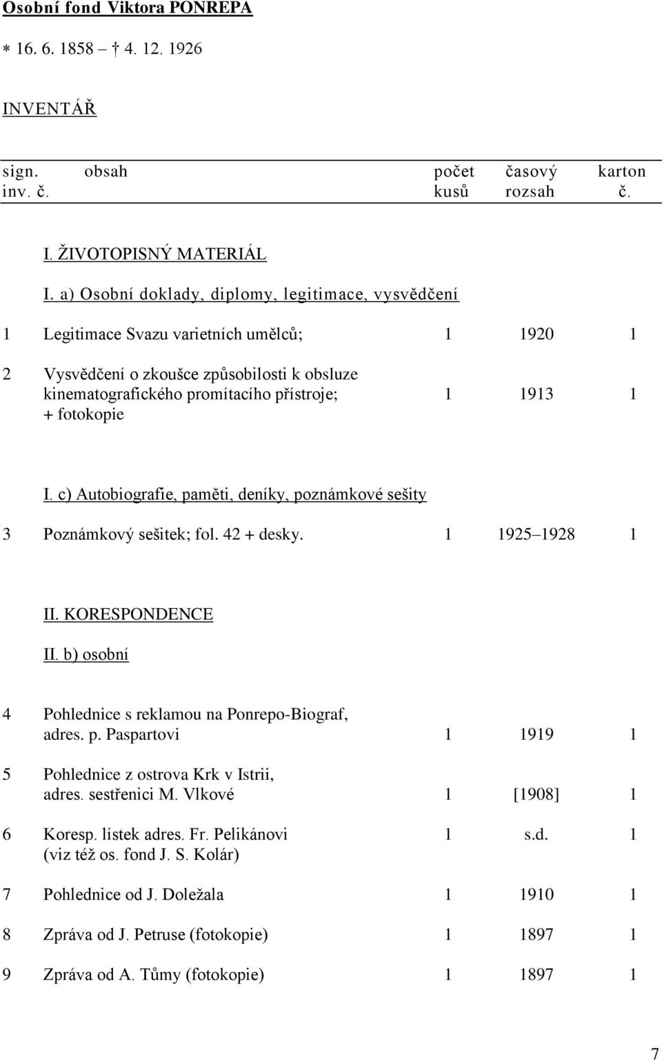 fotokopie I. c) Autobiografie, paměti, deníky, poznámkové sešity 3 Poznámkový sešitek; fol. 42 + desky. 1 1925 1928 1 II. KORESPONDENCE II. b) osobní 4 Pohlednice s reklamou na Ponrepo-Biograf, adres.