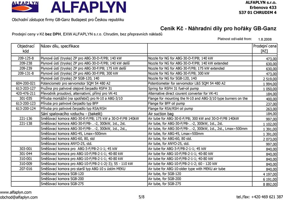 ABG-30-F/PB; 300 kw Nozzle for NG for ABG-30-F/PB; 300 kw 473,00 Plynové ústí (tryska) ZP SGB-120, 140 Nozzle for NG for SGB-120, 140 2 519,00 604-200-021 Potenciometr pro servomotor SQM 54 480 A2