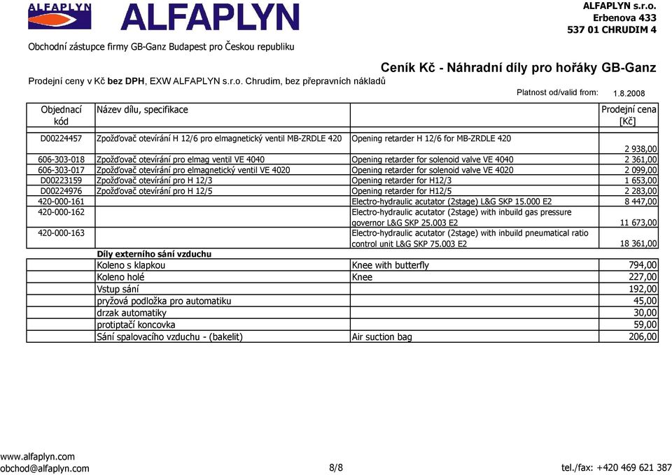 Opening retarder for H12/3 1 653,00 D00224976 Zpožďovač otevírání pro H 12/5 Opening retarder for H12/5 2 283,00 420-000-161 Electro-hydraulic acutator (2stage) L&G SKP 15.