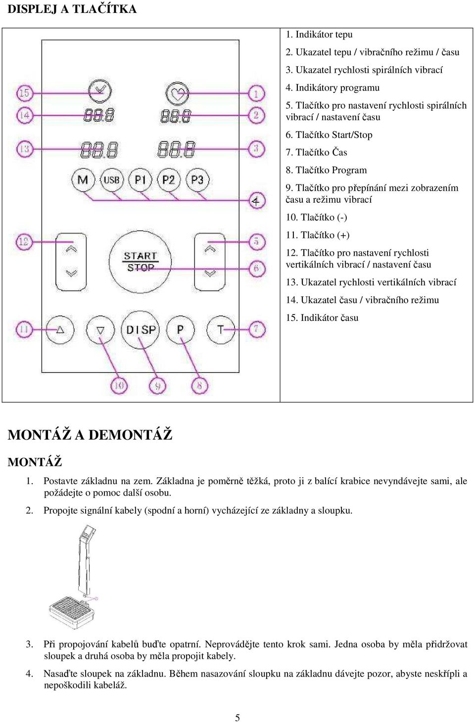 Tlačítko (-) 11. Tlačítko (+) 12. Tlačítko pro nastavení rychlosti vertikálních vibrací / nastavení času 13. Ukazatel rychlosti vertikálních vibrací 14. Ukazatel času / vibračního režimu 15.