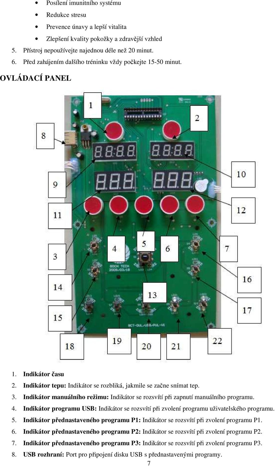 Indikátor manuálního režimu: Indikátor se rozsvítí při zapnutí manuálního programu. 4. Indikátor programu USB: Indikátor se rozsvítí při zvolení programu uživatelského programu. 5.