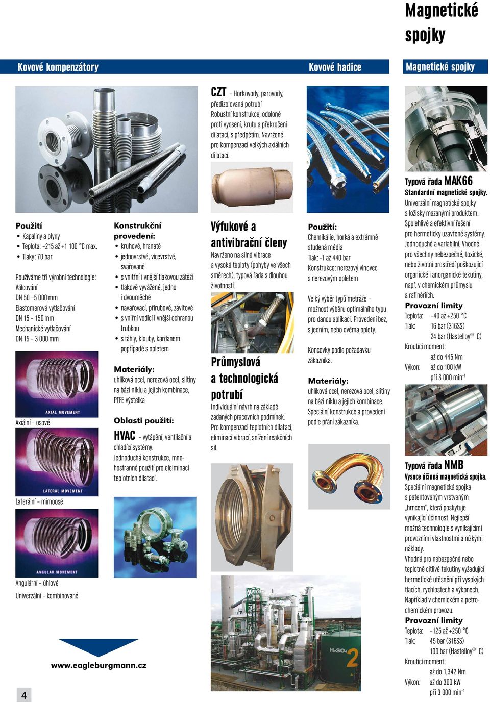 Tlaky: 70 bar Používáme tři výrobní technologie: Válcování DN 50 5 000 mm Elastomerové vytlačování DN 15 150 mm Mechanické vytlačování DN 15 3 000 mm Axiální osové Laterální mimoosé Angulární úhlové