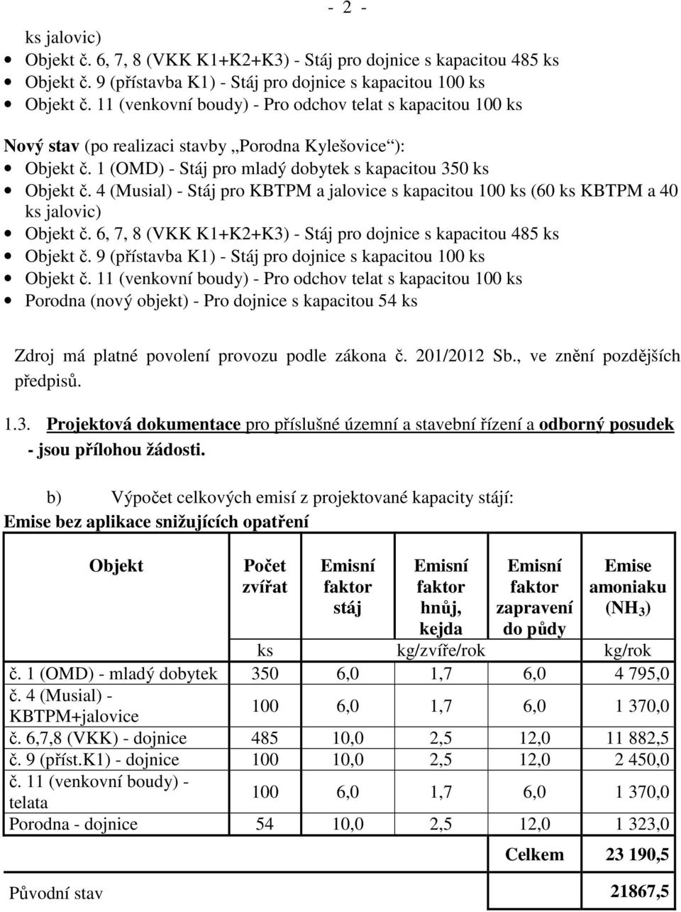 4 (Musial) - Stáj pro KBTPM a jalovice s kapacitou 100 ks (60 ks KBTPM a 40 ks jalovic) Objekt č. 6, 7, 8 (VKK K1+K2+K3) - Stáj pro dojnice s kapacitou 485 ks Objekt č.