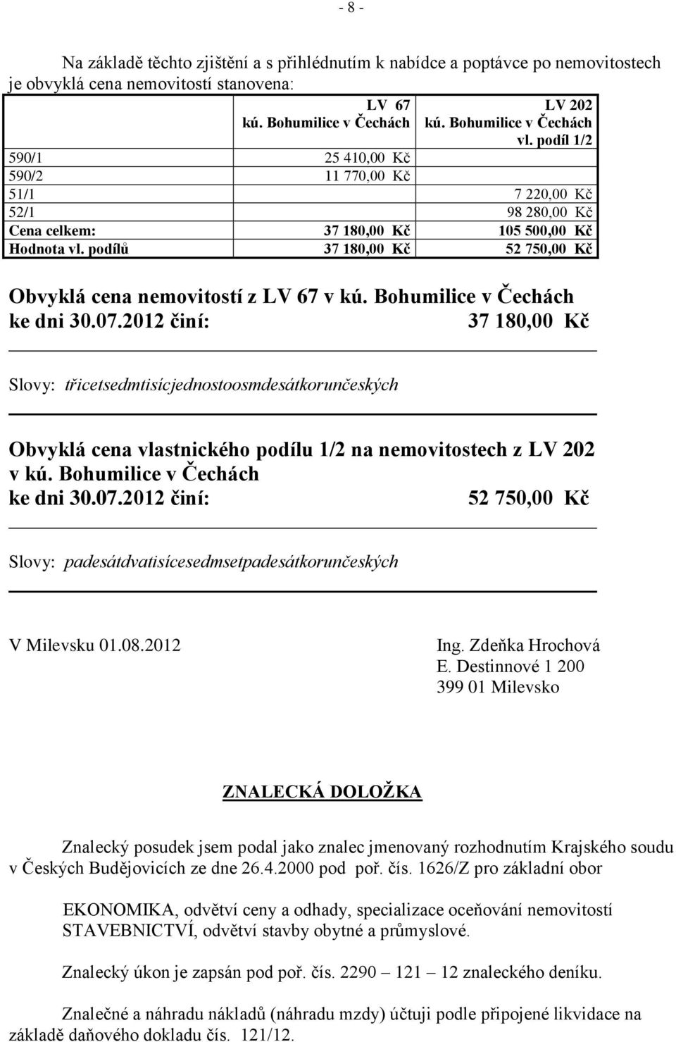 podílů 37 180,00 Kč 52 750,00 Kč Obvyklá cena nemovitostí z LV 67 v kú. Bohumilice v Čechách ke dni 30.07.