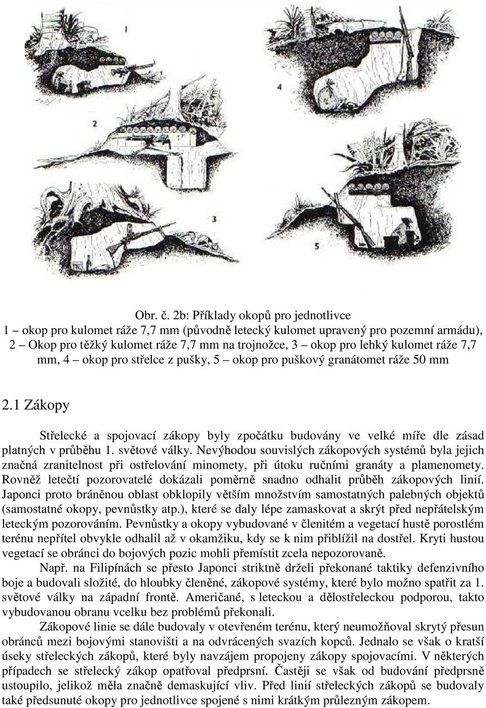 ráže 7,7 mm, 4 okop pro střelce z pušky, 5 okop pro puškový granátomet ráže 50 mm 2.1 Zákopy Střelecké a spojovací zákopy byly zpočátku budovány ve velké míře dle zásad platných v průběhu 1.