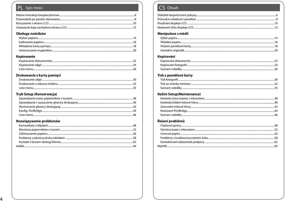 ..26 Drukowanie z karty pamięci Drukowanie zdjęć...30 Drukowanie z arkusza indeksu...32 Lista menu...35 Tryb Setup (Konserwacja) Sprawdzanie stanu pojemników z tuszem.