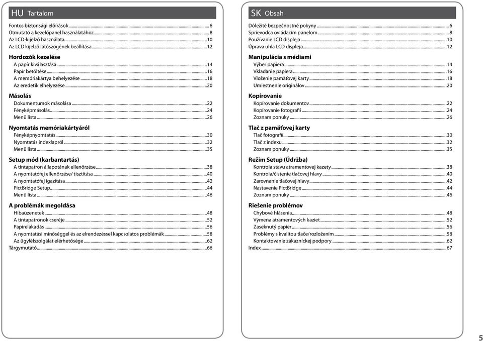 ..26 Nyomtatás memóriakártyáról Fényképnyomtatás...30 Nyomtatás indexlapról...32 Menü lista...35 Setup mód (karbantartás) A tintapatron állapotának ellenőrzése.