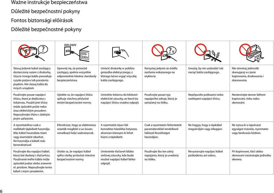 Umieść drukarkę w pobliżu gniazdka elektrycznego, z którego łatwo wyjąć wtyczkę kabla zasilającego. Korzystaj jedynie ze źródła zasilania wskazanego na etykiecie.