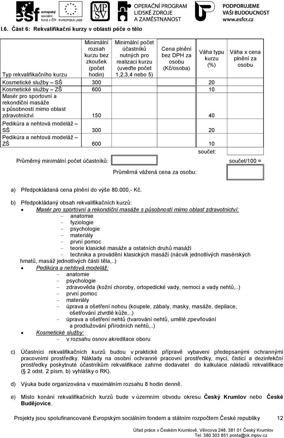 zdravotnictví 150 40 Pedikúra a nehtová modeláž SŠ 300 20 Pedikúra a nehtová modeláž ZŠ 600 10 součet: Váha x cena plnění za Průměrný minimální počet účastníků: součet/100 = Průměrná vážená cena za :