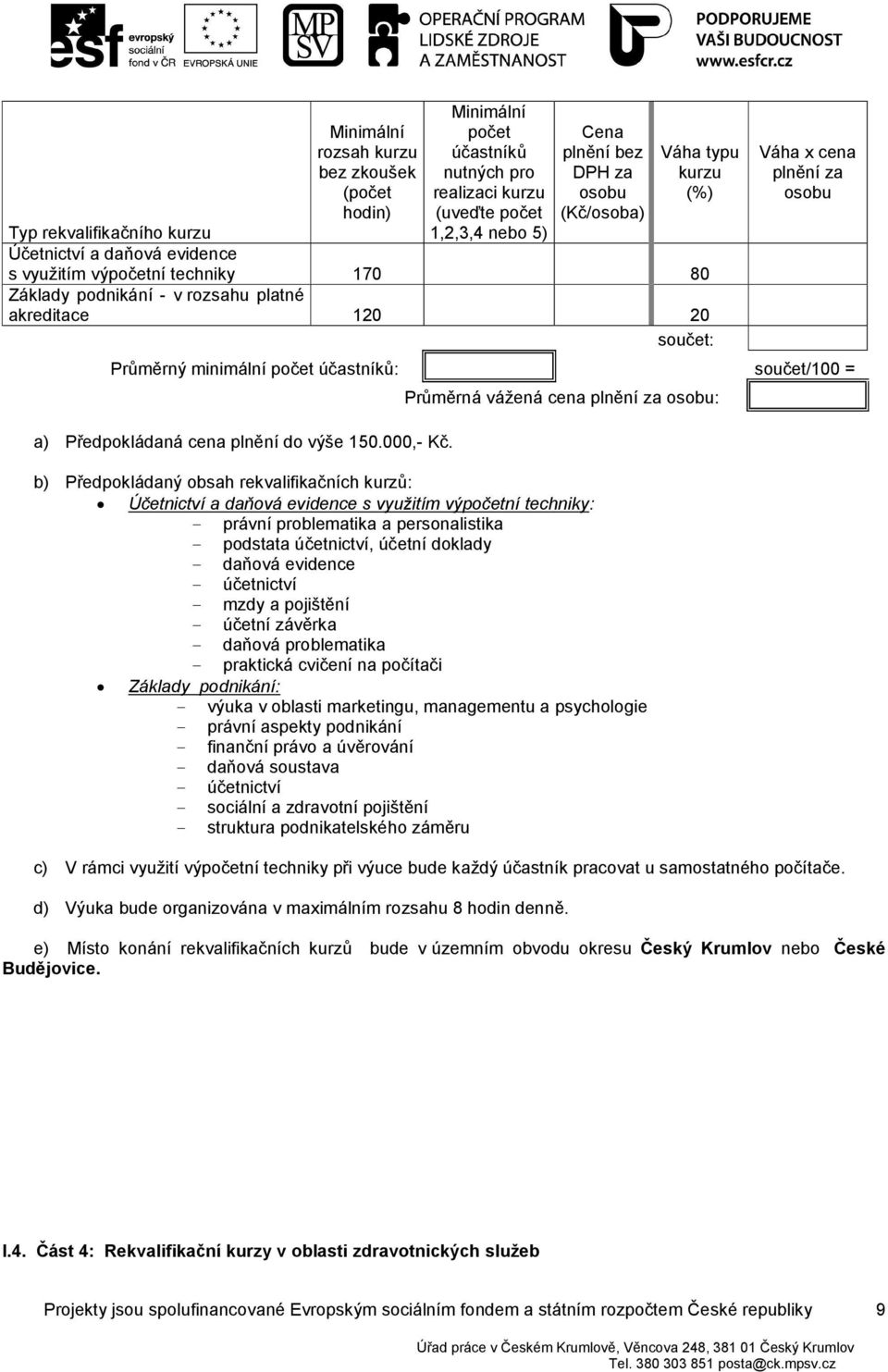 účastníků: součet/100 = a) Předpokládaná cena plnění do výše 150.000,- Kč.