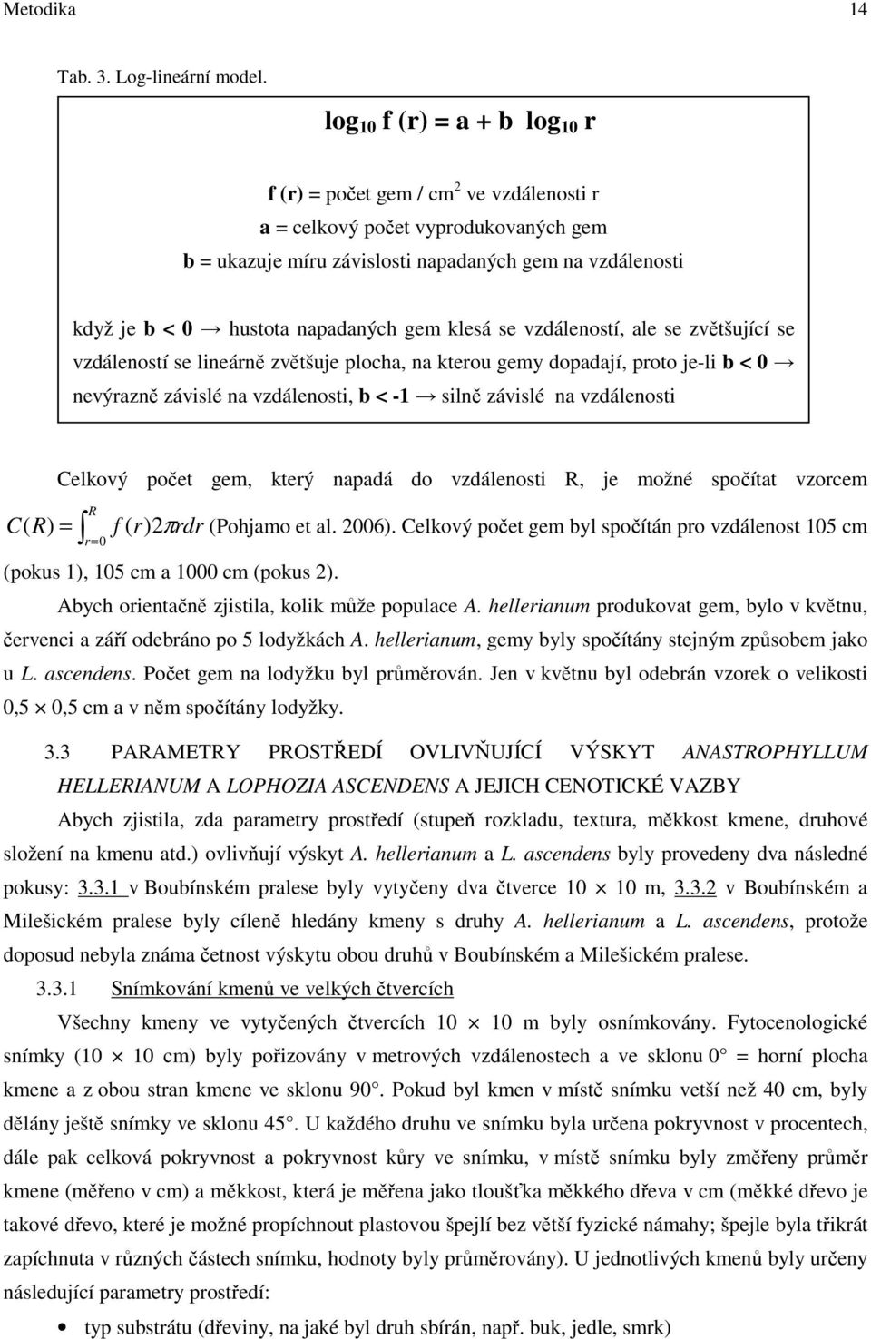 napadaných gem klesá se vzdáleností, ale se zvětšující se vzdáleností se lineárně zvětšuje plocha, na kterou gemy dopadají, proto je-li b < 0 nevýrazně závislé na vzdálenosti, b < -1 silně závislé na