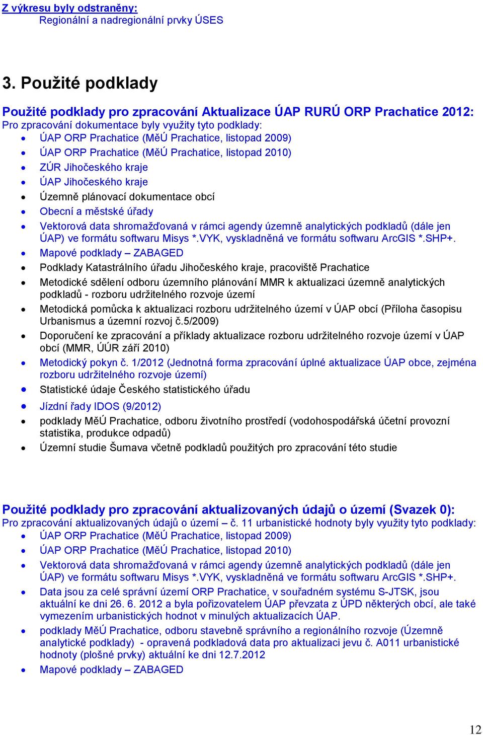 ÚAP ORP Prachatice (MěÚ Prachatice, listopad 2010) ZÚR Jihočeského kraje ÚAP Jihočeského kraje Územně plánovací dokumentace obcí Obecní a městské úřady Vektorová data shromažďovaná v rámci agendy