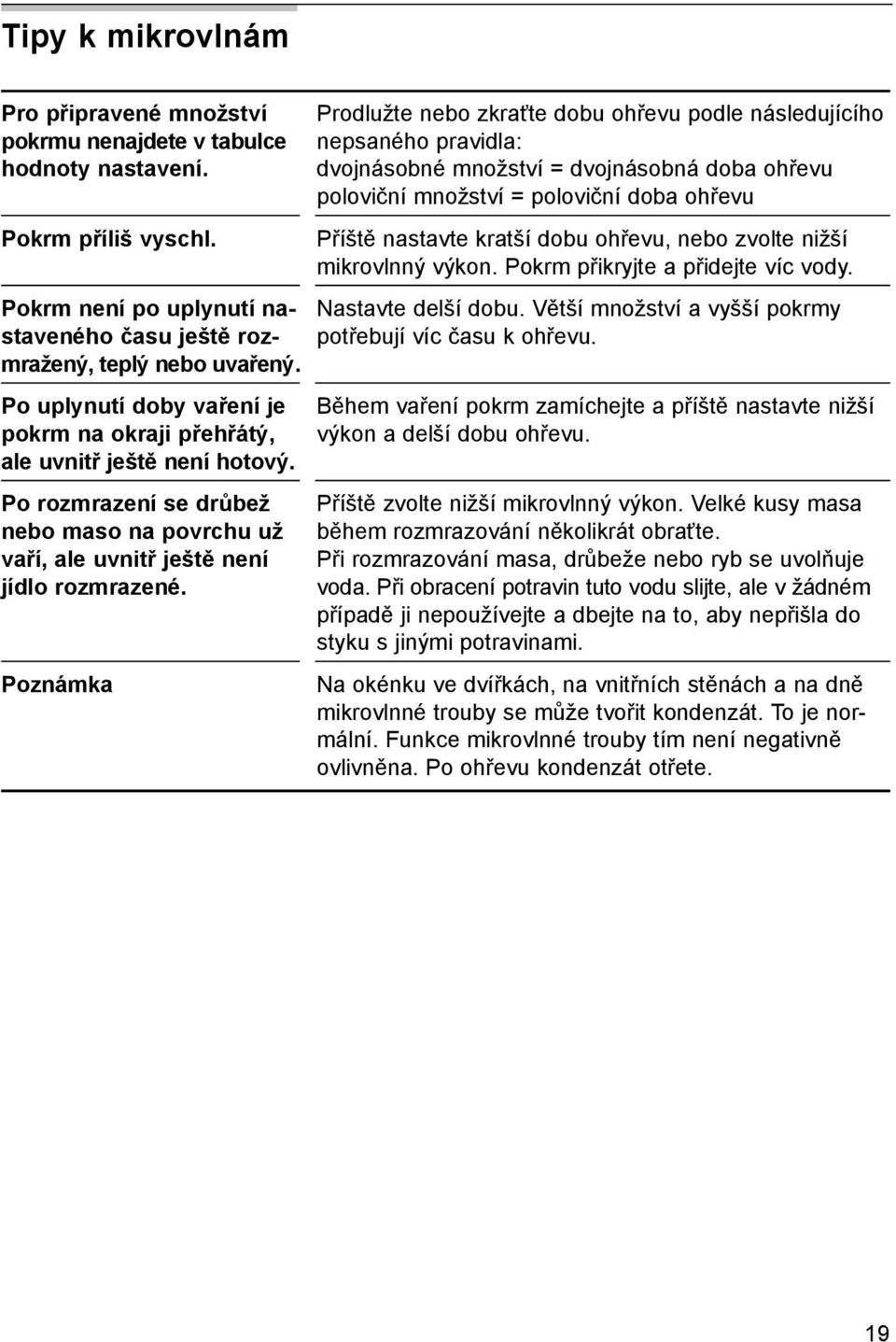 Poznámka Prodlužte nebo zkraťte dobu ohřevu podle následujícího nepsaného pravidla: dvojnásobné množství = dvojnásobná doba ohřevu poloviční množství = poloviční doba ohřevu Příště nastavte kratší