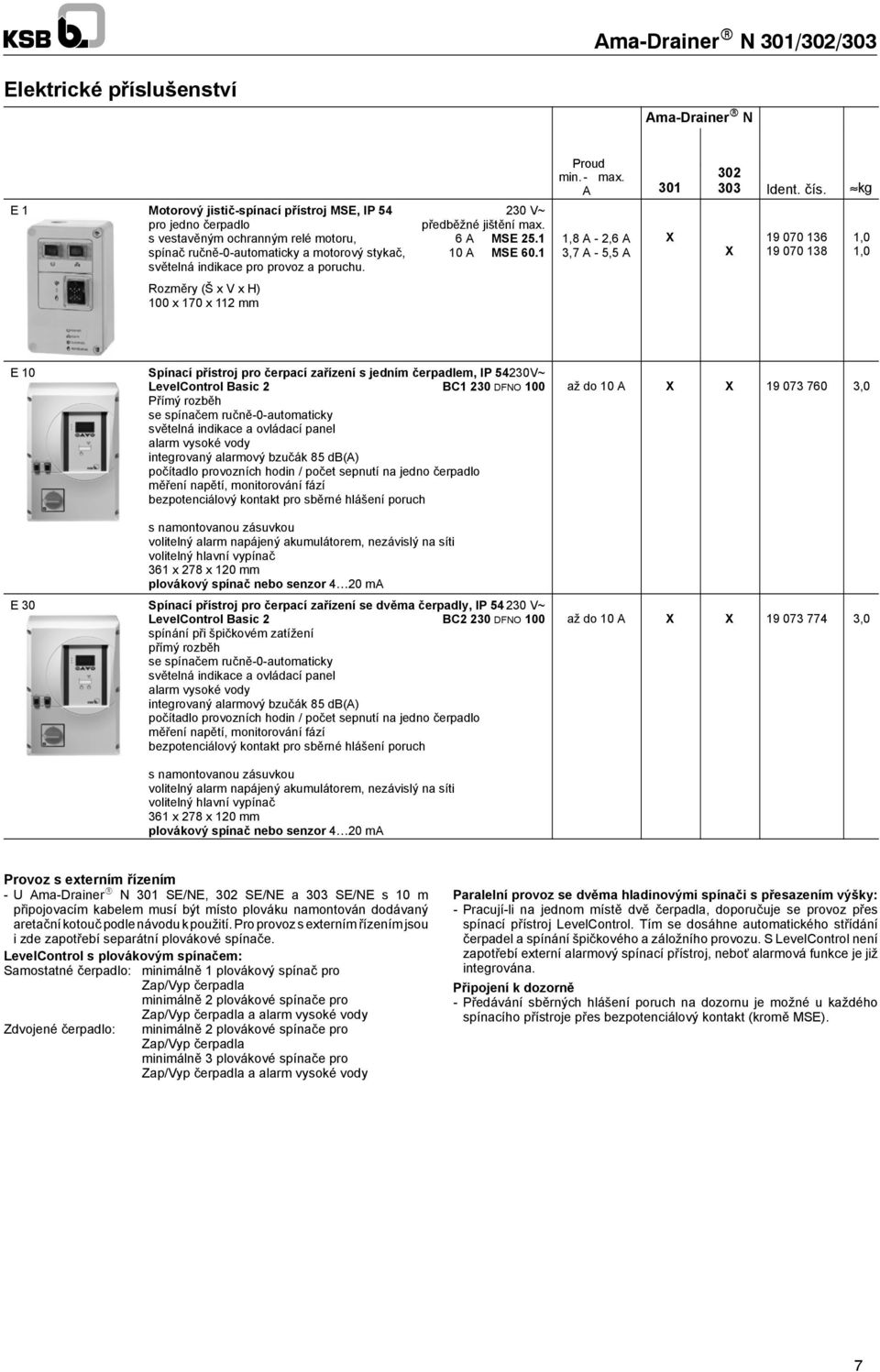 čís. kg 19 070 136 19 070 138 1,0 1,0 E10 Spínací přístroj pro čerpací zařízení s jedním čerpadlem, IP 54230V~ LevelControl Basic 2 BC1 230 DFNO 100 Přímý rozběh se spínačem ručně-0-automaticky