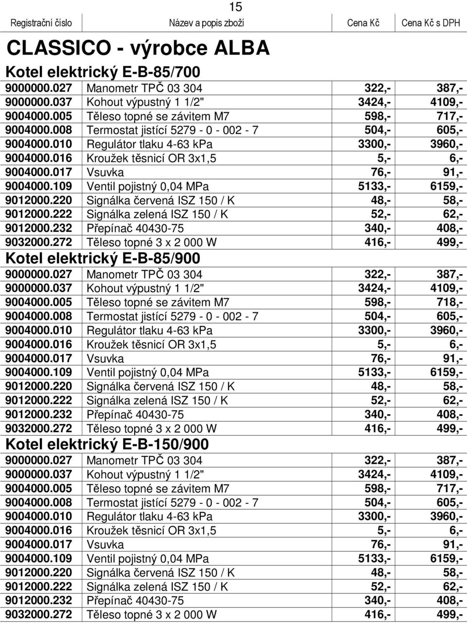 016 Kroužek těsnicí OR 3x1,5 5,- 6,- 9004000.017 Vsuvka 76,- 91,- 9004000.109 Ventil pojistný 0,04 MPa 5133,- 6159,- 9012000.220 Signálka červená ISZ 150 / K 48,- 58,- 9012000.