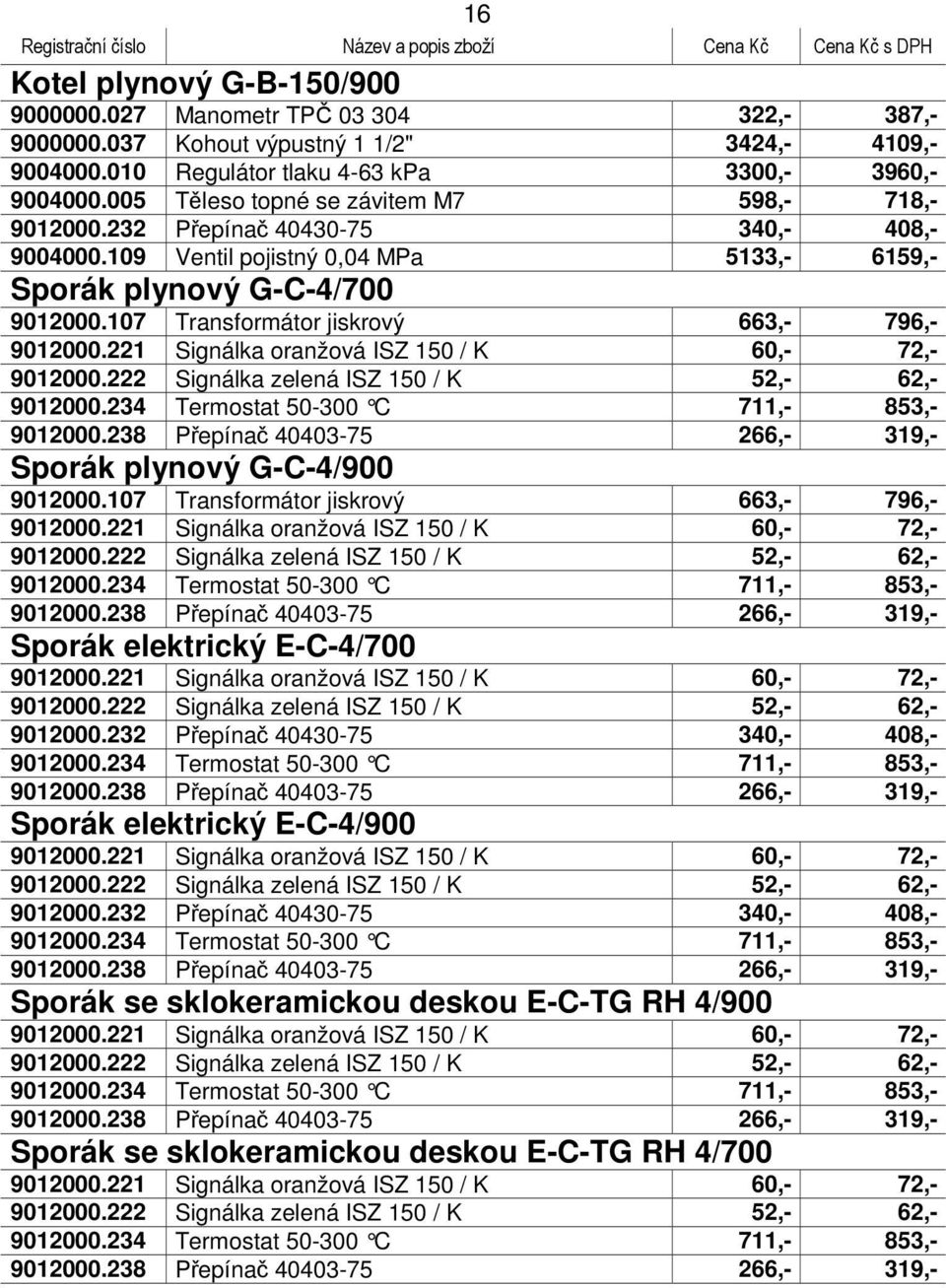 107 Transformátor jiskrový 663,- 796,- 9012000.234 Termostat 50-300 C 711,- 853,- Sporák plynový G-C-4/900 9012000.107 Transformátor jiskrový 663,- 796,- 9012000.234 Termostat 50-300 C 711,- 853,- Sporák elektrický E-C-4/700 9012000.