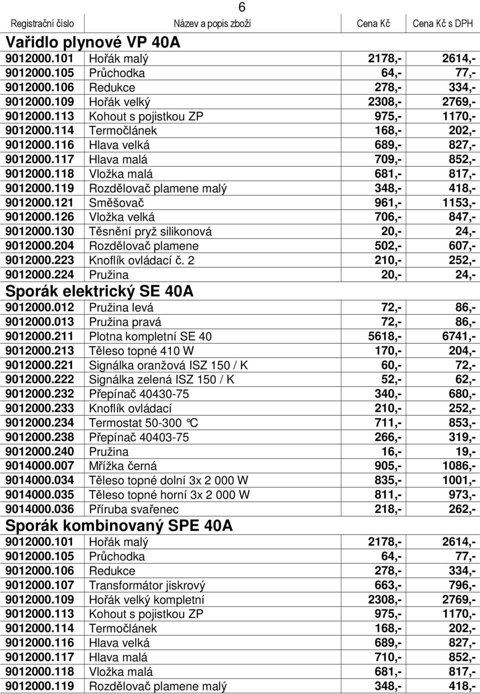 119 Rozdělovač plamene malý 348,- 418,- 9012000.121 Směšovač 961,- 1153,- 9012000.126 Vložka velká 706,- 847,- 9012000.130 Těsnění pryž silikonová 20,- 24,- 9012000.