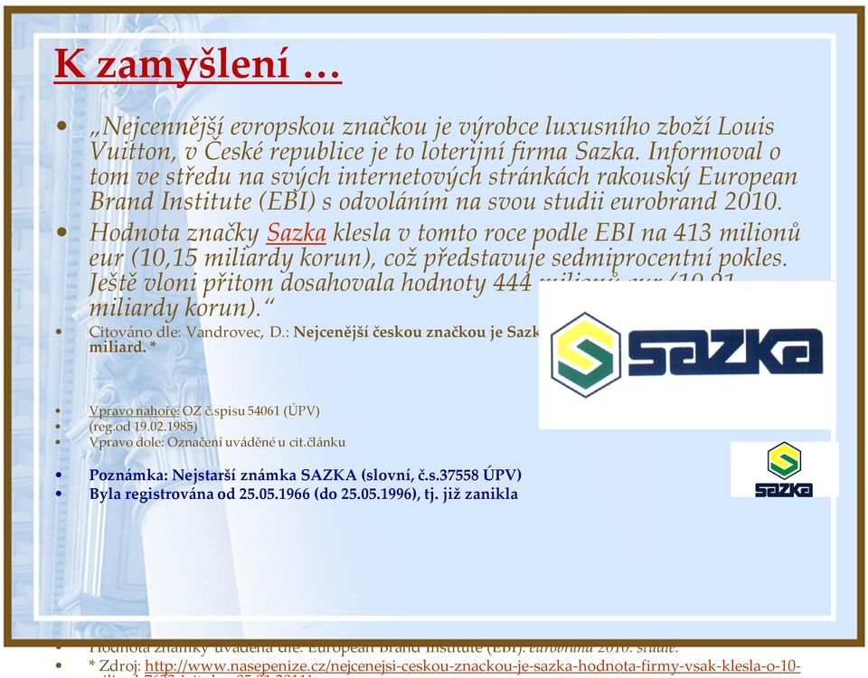 Hodnota značky Sazka klesla v tomto roce podle EBI na 413 milionů eur (10,15 miliardy korun), což představuje sedmiprocentní pokles.