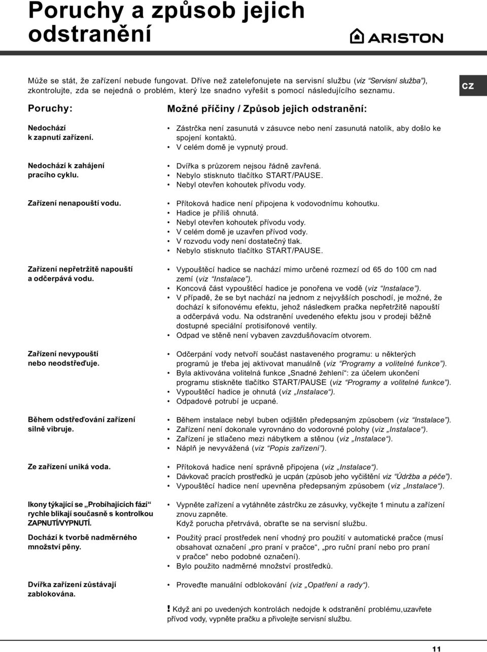Poruchy: Nedochází k zapnutí zaøízení. Nedochází k zahájení pracího cyklu. Zaøízení nenapouští vodu. Zaøízení nepøetržitì napouští a odèerpává vodu. Zaøízení nevypouští nebo neodstøeïuje.