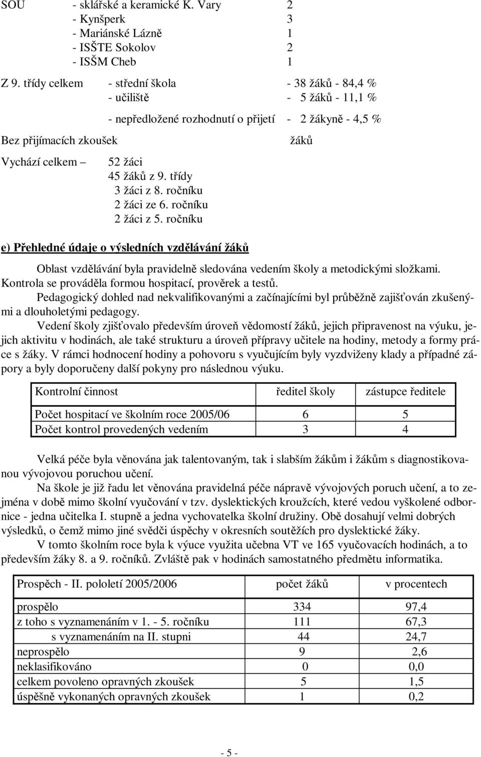 ročníku 2 žáci ze 6. ročníku 2 žáci z 5. ročníku e) Přehledné údaje o výsledních vzdělávání Oblast vzdělávání byla pravidelně sledována vedením školy a metodickými složkami.