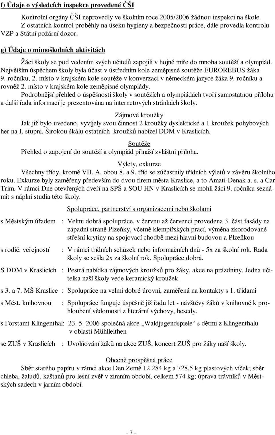 g) Údaje o mimoškolních aktivitách Žáci školy se pod vedením svých učitelů zapojili v hojné míře do mnoha soutěží a olympiád.