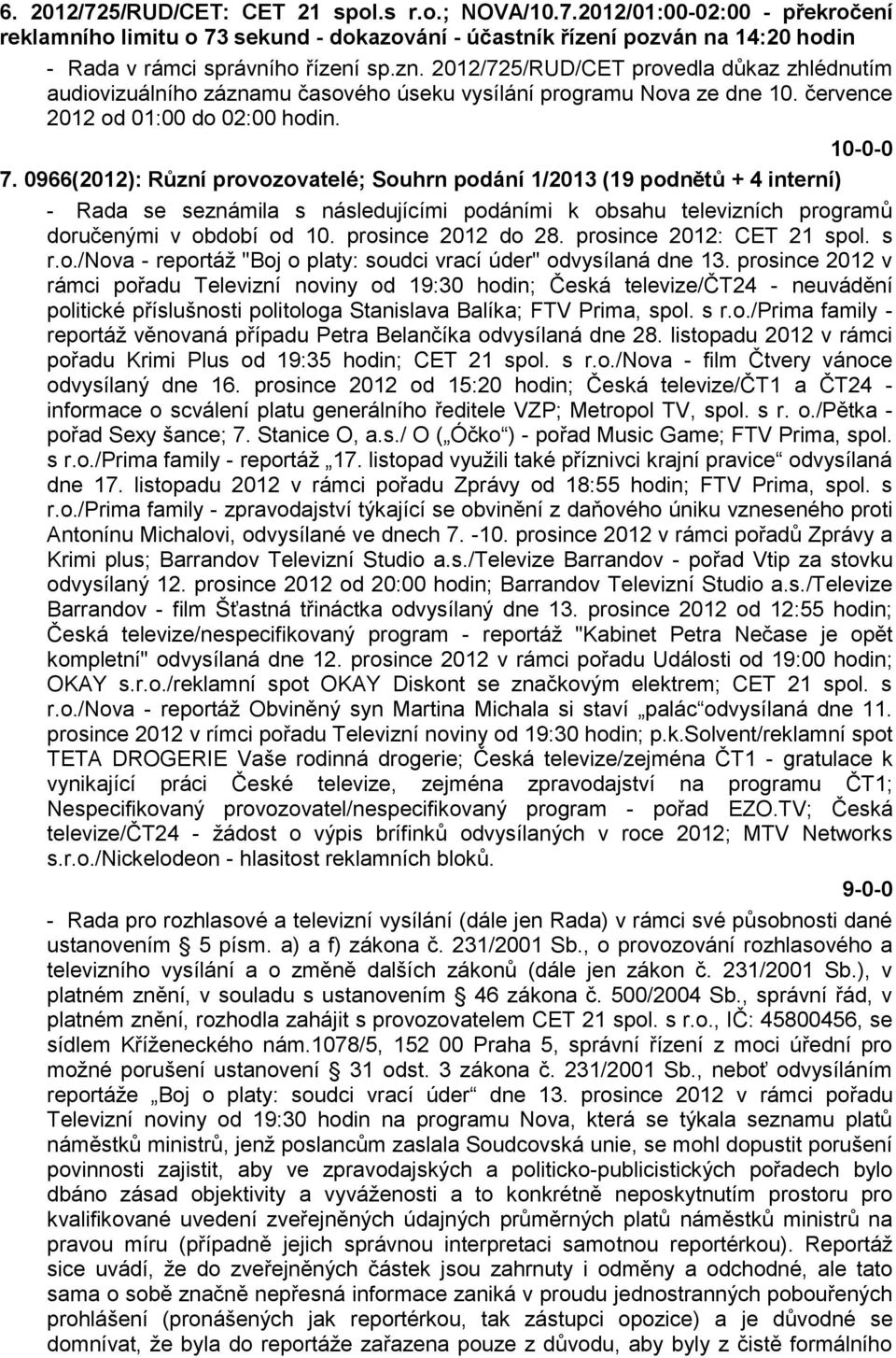 0966(2012): Různí provozovatelé; Souhrn podání 1/2013 (19 podnětů + 4 interní) - Rada se seznámila s následujícími podáními k obsahu televizních programů doručenými v období od 10.