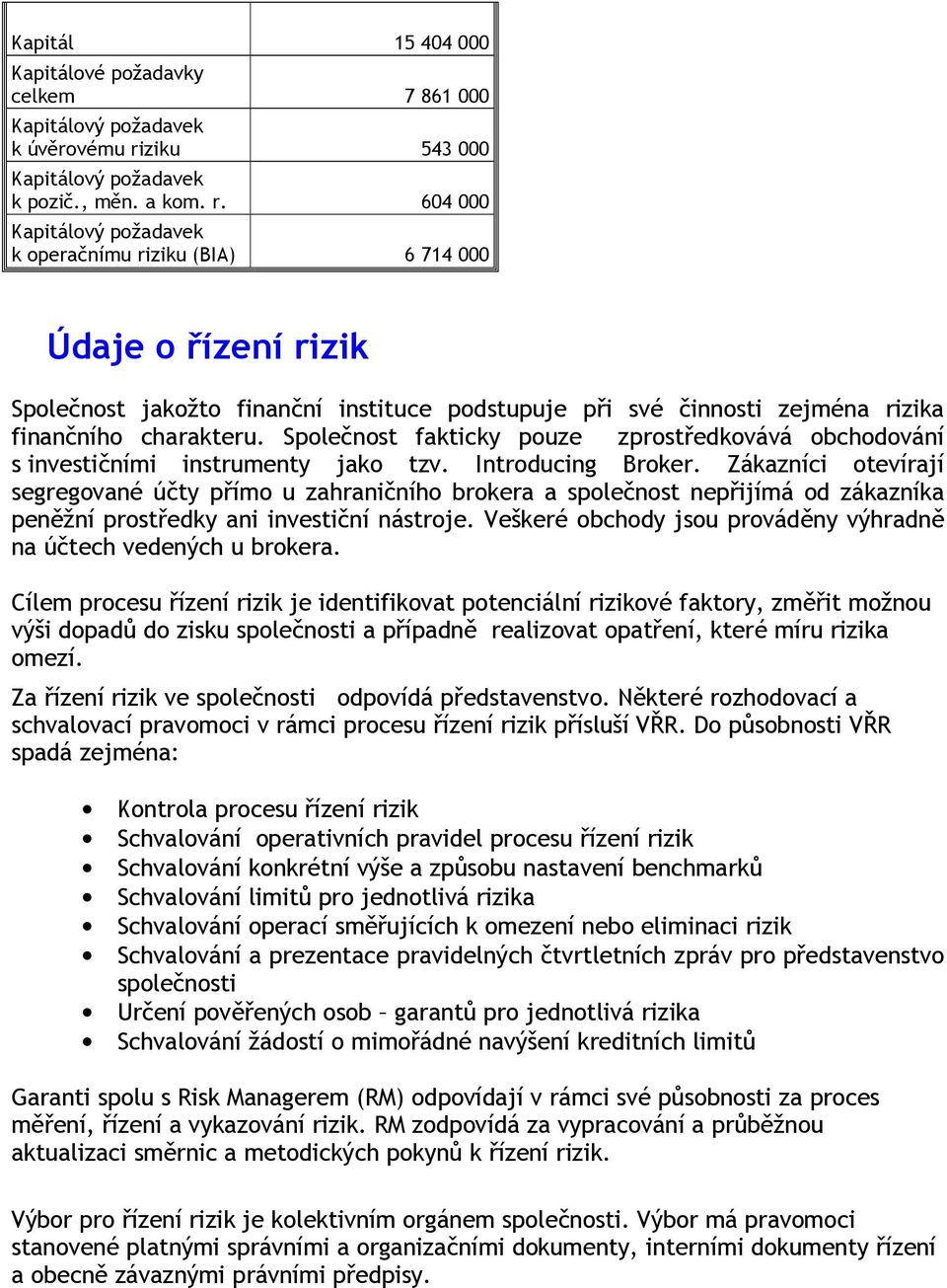 604 000 Kapitálový požadavek k operačnímu riziku (BIA) 6 714 000 Údaje o řízení rizik Společnost jakožto finanční instituce podstupuje při své činnosti zejména rizika finančního charakteru.