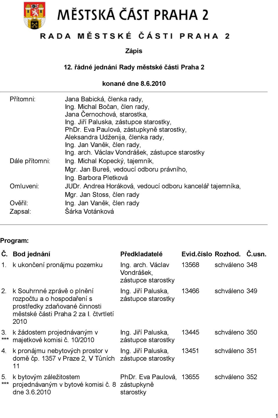arch. Václav Vondrášek, zástupce starostky Ing. Michal Kopecký, tajemník, Mgr. Jan Bureš, vedoucí odboru právního, Ing. Barbora Pletková JUDr. Andrea Horáková, vedoucí odboru kancelář tajemníka, Mgr.