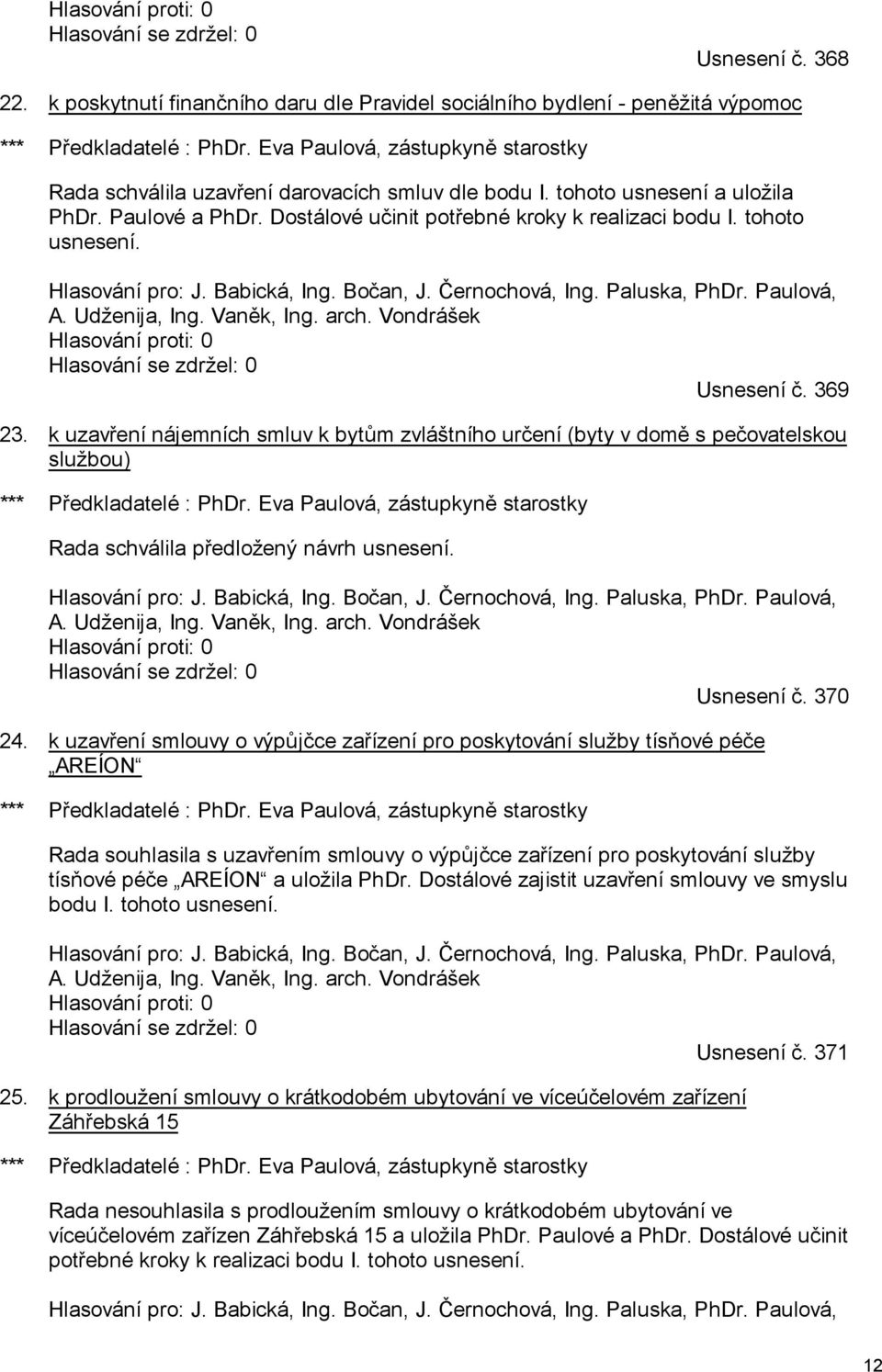 tohoto usnesení. Hlasování pro: J. Babická, Ing. Bočan, J. Černochová, Ing. Paluska, PhDr. Paulová, A. Udženija, Ing. Vaněk, Ing. arch. Vondrášek Hlasování proti: 0 Hlasování se zdržel: 0 Usnesení č.